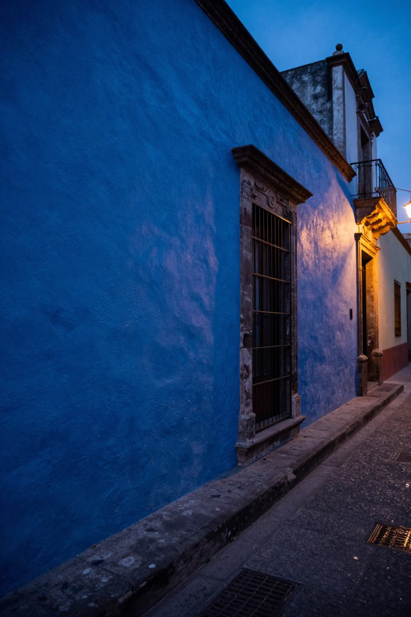 Blue Hour Street Scene in Mexico City with Paint Flecks and Drain in in Mexico City, Mexico