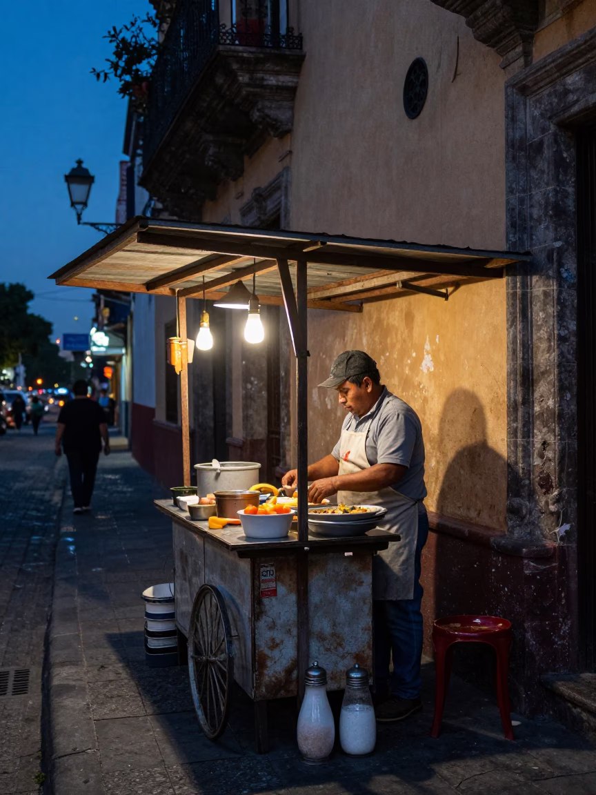 Blue Hour Street Scene in Mexico City with Salt Shaker and Antiques in in Mexico City, Mexico