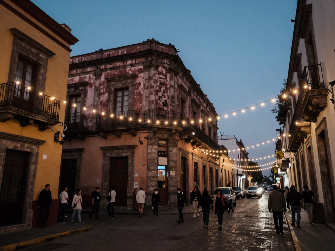 Blue Hour Street Scene in Mexico City With String Lights and Urban Architecture in in Mexico City, Mexico