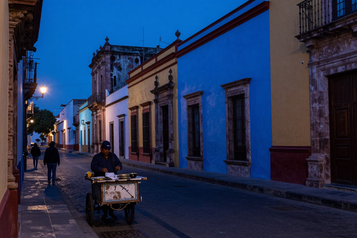 Blue Hour Street Scene in Mexico City with Vintage Key Bowl and Porcelain Jar in in Mexico City, Mexico