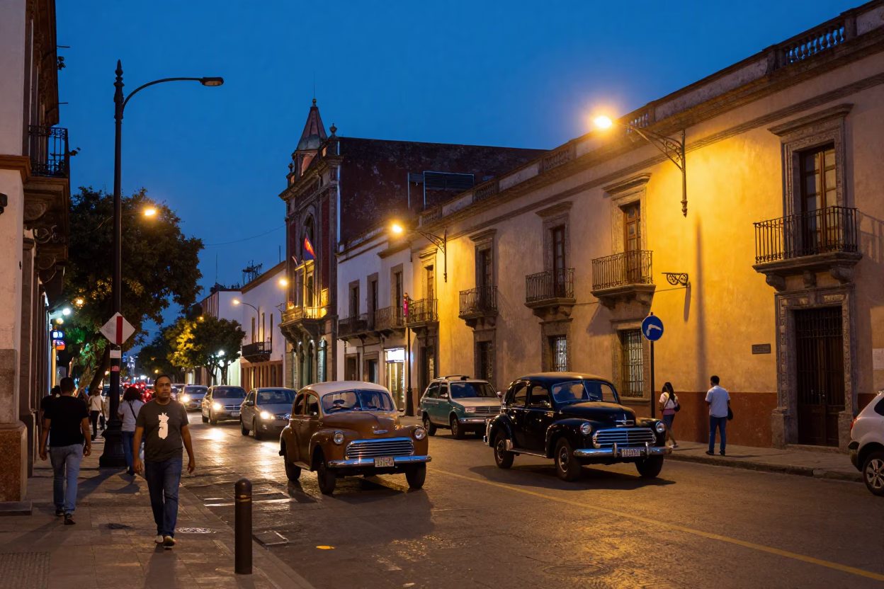 Blue Hour Street Scene in Mexico City with Vintage Vehicles and Pedestrians in in Mexico City, Mexico