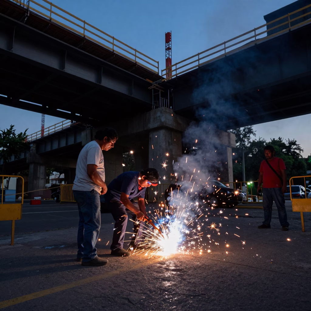Blue Hour Street Scene in Mexico City with Welding Sparks Under Bridge Construction Platform in in Mexico City, Mexico