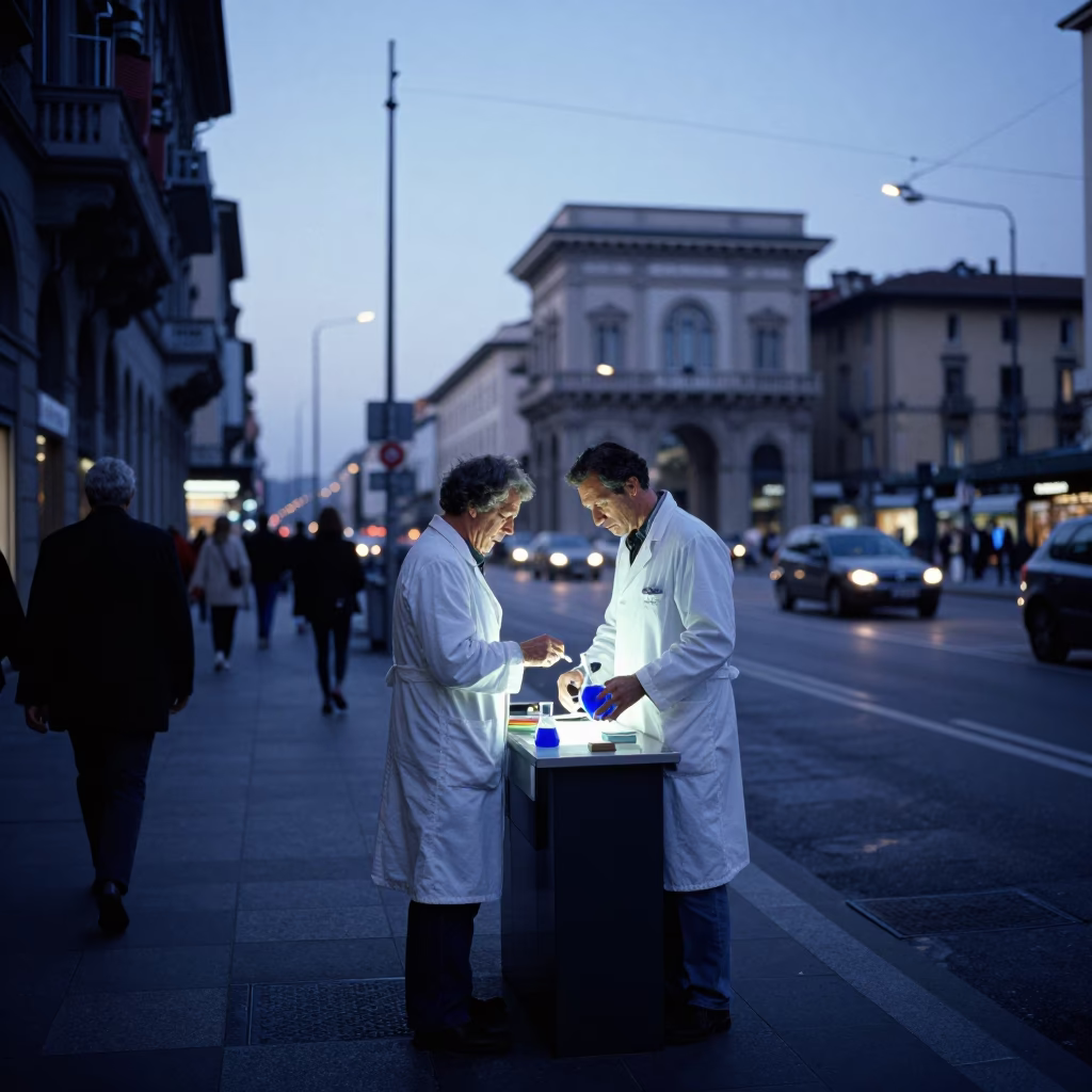 Blue Hour Street Scene in Milan Italy with Chemist and Cobalt Liquid in in Milan, Italy