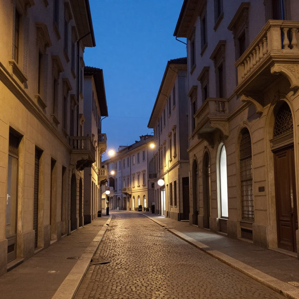 Blue Hour Street Scene in Milan Italy with Vintage 1970s Aesthetic and Urban Details in in Milan, Italy