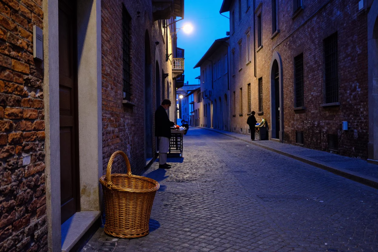Blue Hour Street Scene in Milan Italy with Wicker Hamper in in Milan, Italy