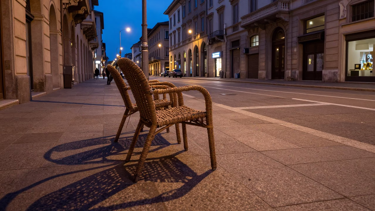 Blue Hour Street Scene in Milan Italy with Wicker Shadows on Stone Pavement in in Milan, Italy