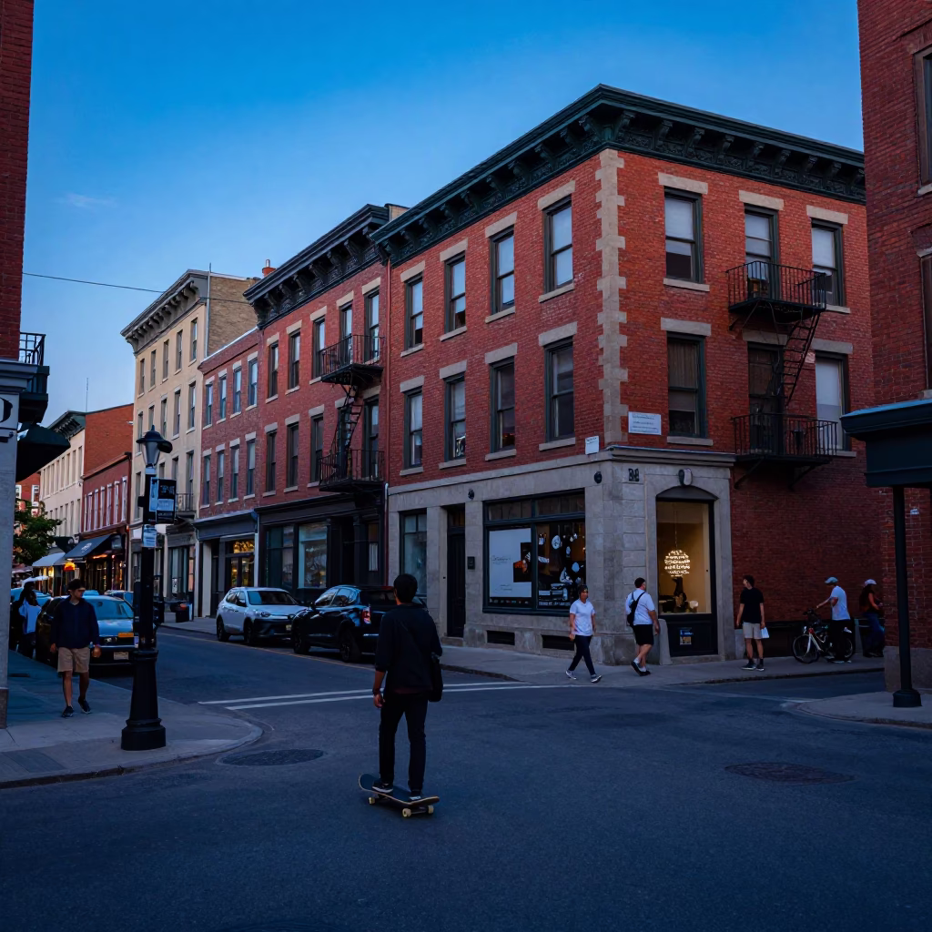 Blue Hour Street Scene in Montreal Quebec Canada with Skateboard and Brick Architecture in in Montreal, Quebec, Canada