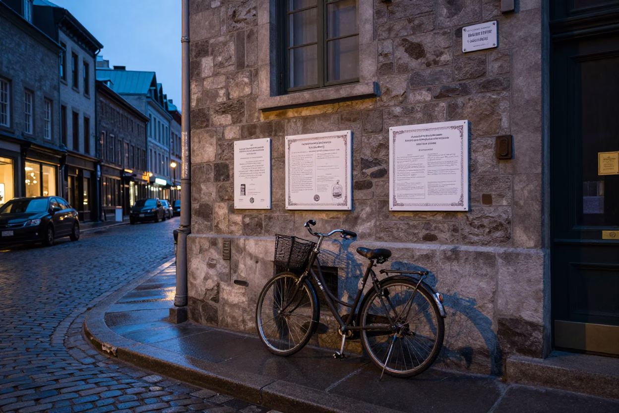 Blue Hour Street Scene in Montreal Quebec Canada with Vintage Details in in Montreal, Quebec, Canada