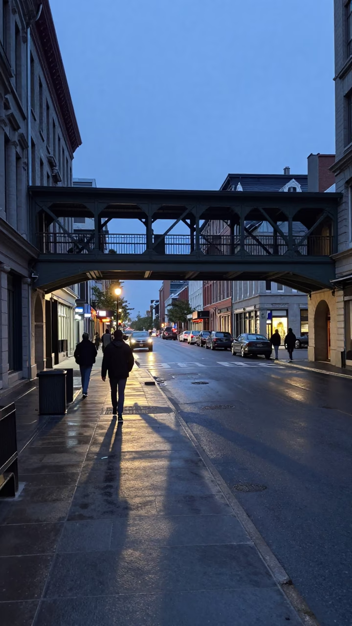 Blue Hour Street Scene in Montreal Quebec with Pedestrian Overpass and Wet Footsteps in in Montreal, Quebec, Canada