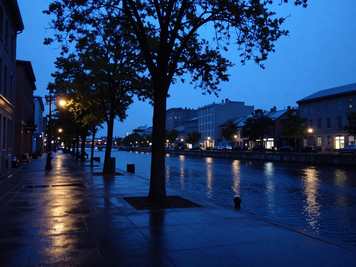 Blue Hour Street Scene in Montreal Quebec with Tree and Canal Barge in in Montreal, Quebec, Canada