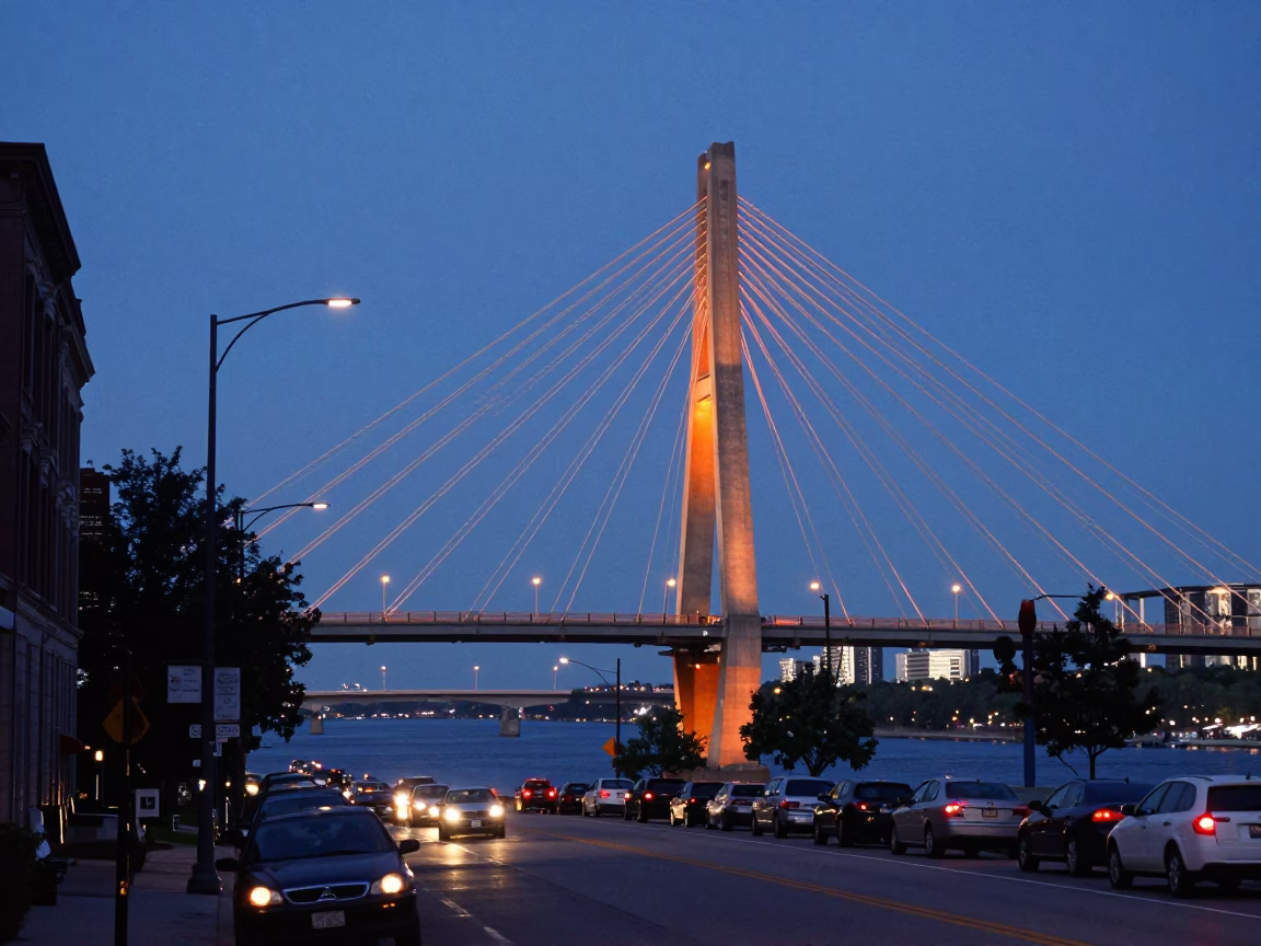 Blue Hour Street Scene in Montreal with Cable-Stayed Bridge and Urban Activity in in Montreal, Quebec, Canada
