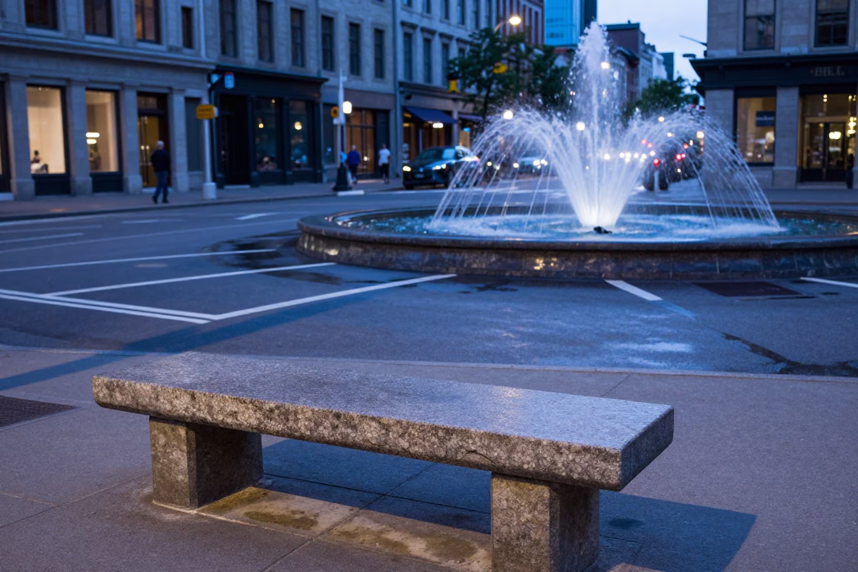 Blue hour street scene in Montreal with stone bench and fountain spray in in Montreal, Quebec, Canada