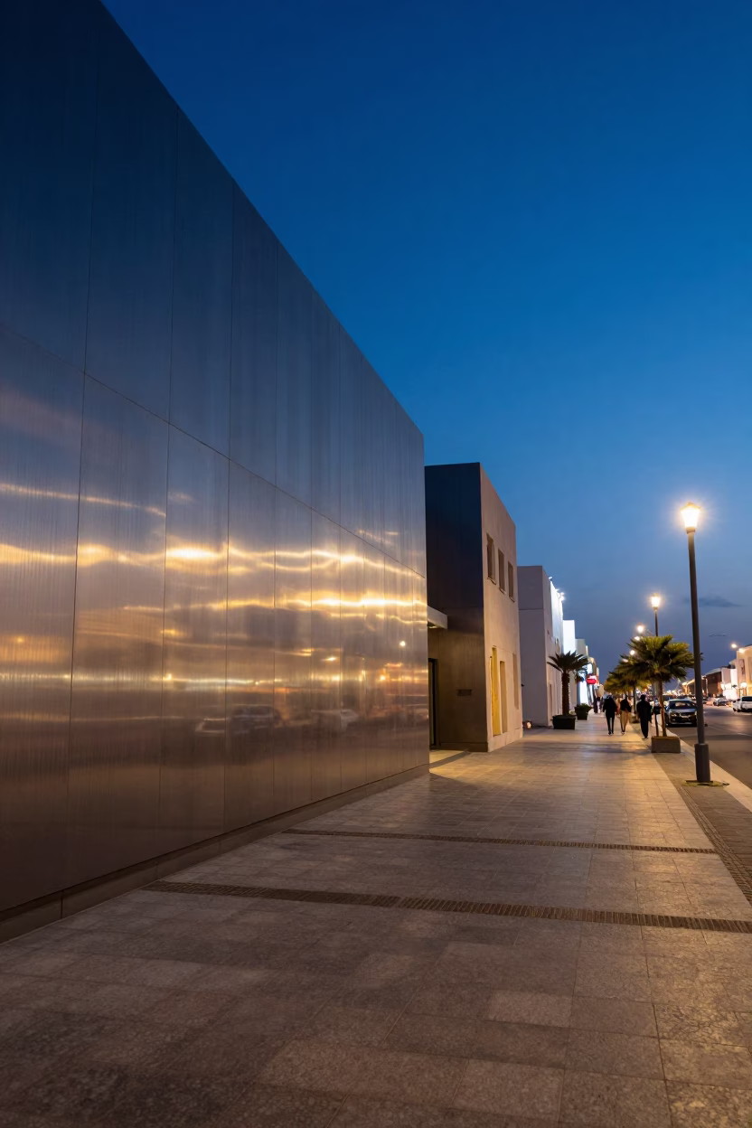 Blue Hour Street Scene in Muscat Oman with Brushed Steel and Local Life in in Muscat, Oman