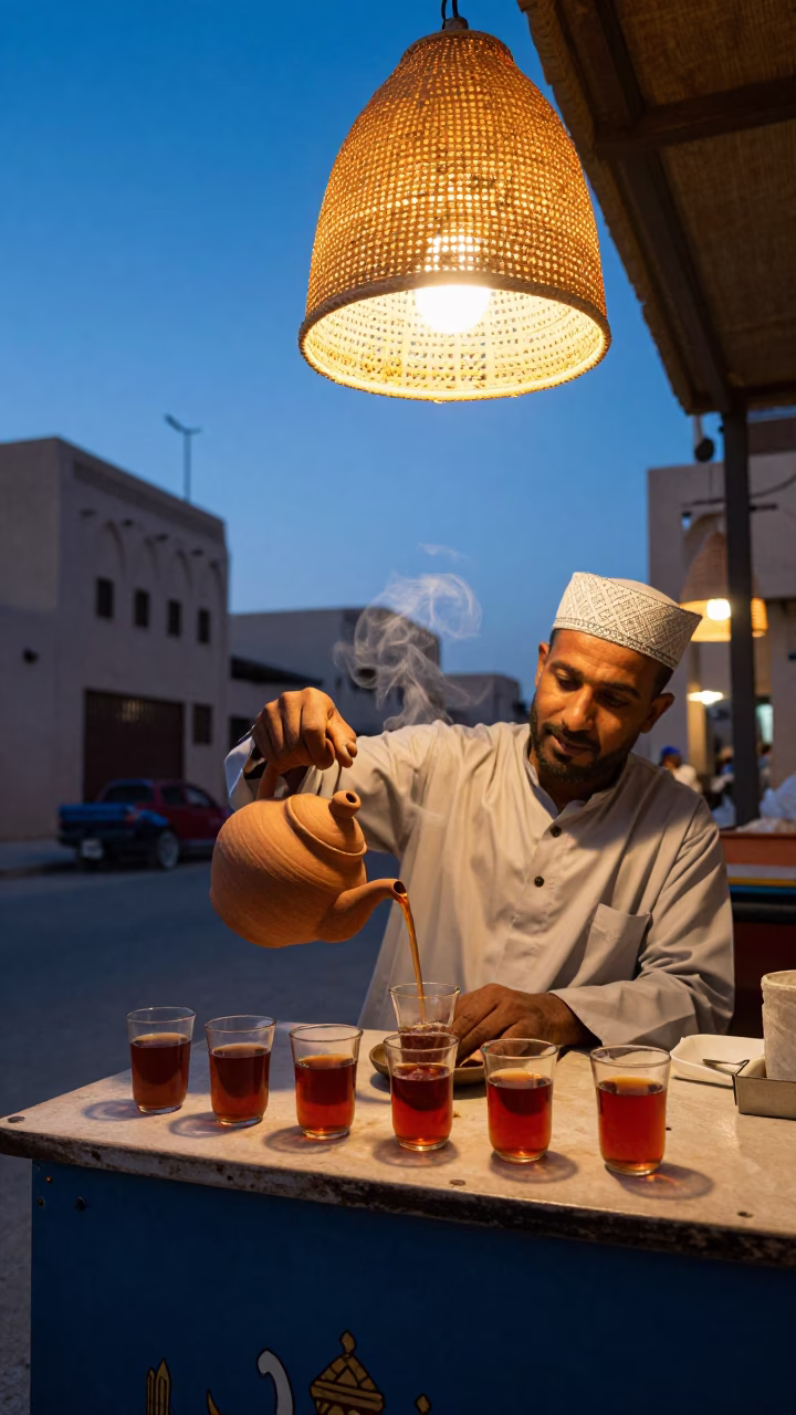 Blue Hour Street Scene in Muscat Oman with Clay Teapot and Lampshade in in Muscat, Oman