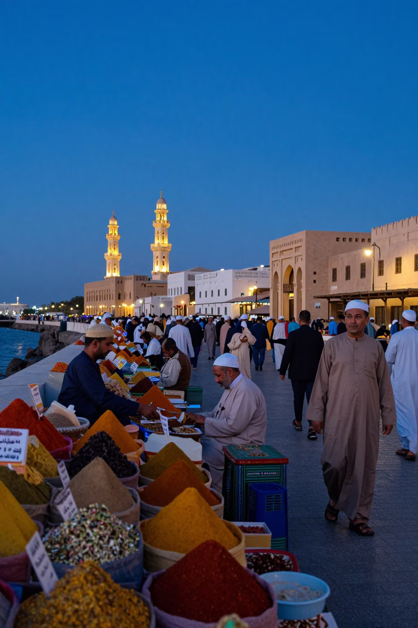 Blue Hour Street Scene in Muscat Oman with Colorful Traditional Elements in in Muscat, Oman