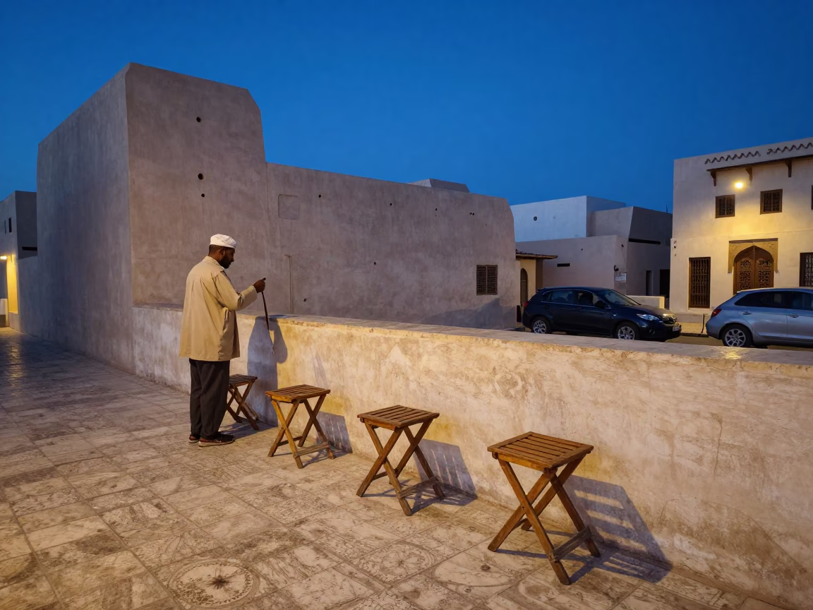 Blue Hour Street Scene in Muscat Oman with Folding Stools and Evening Ambiance in in Muscat, Oman