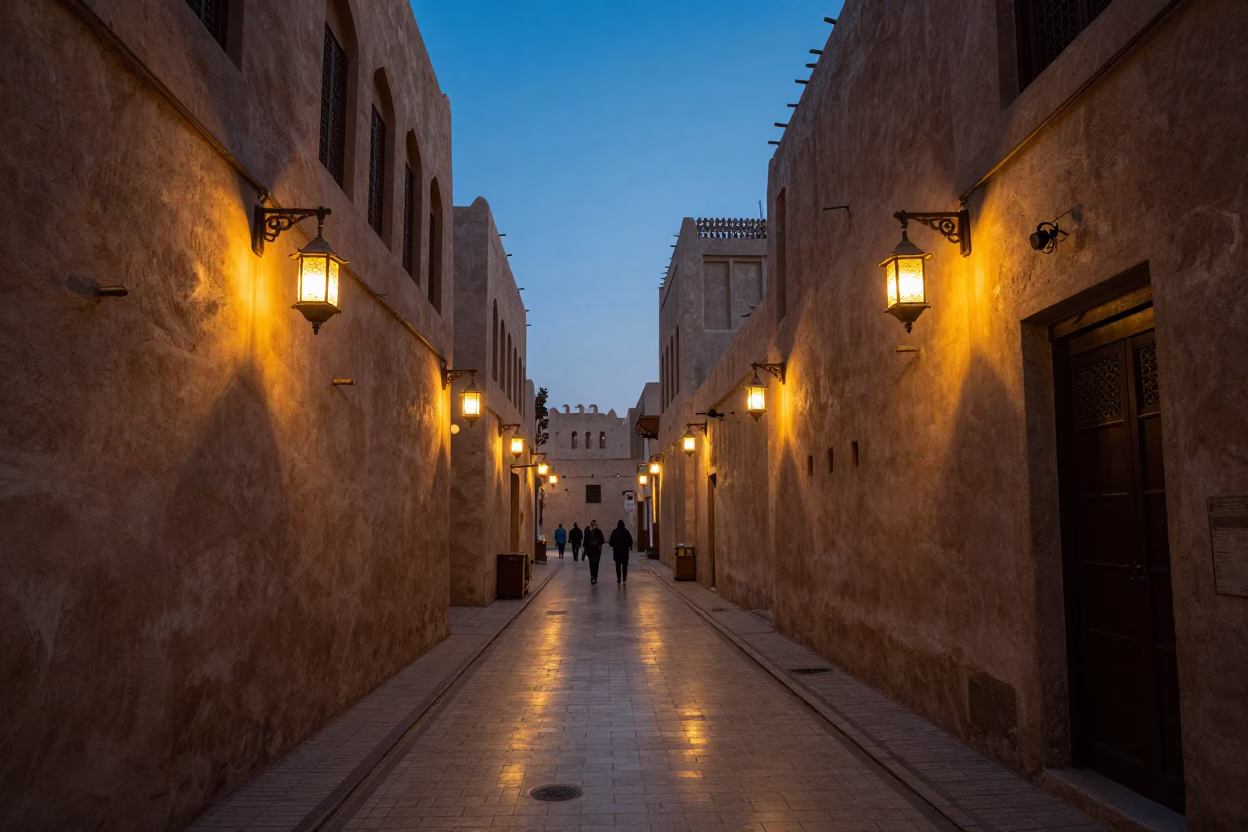 Blue Hour Street Scene in Muscat Oman with Lantern Lit Alley and Folding Tables in in Muscat, Oman