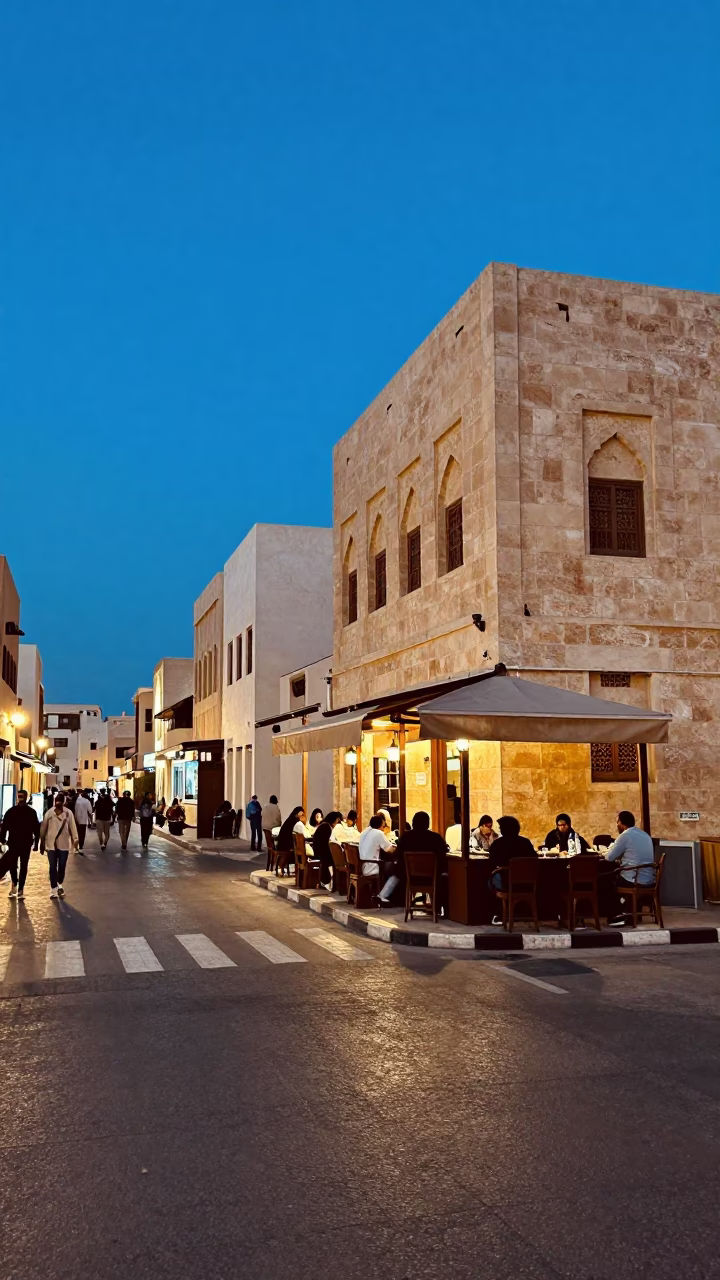Blue Hour Street Scene in Muscat Oman with Local Dining and Traditional Architecture in in Muscat, Oman