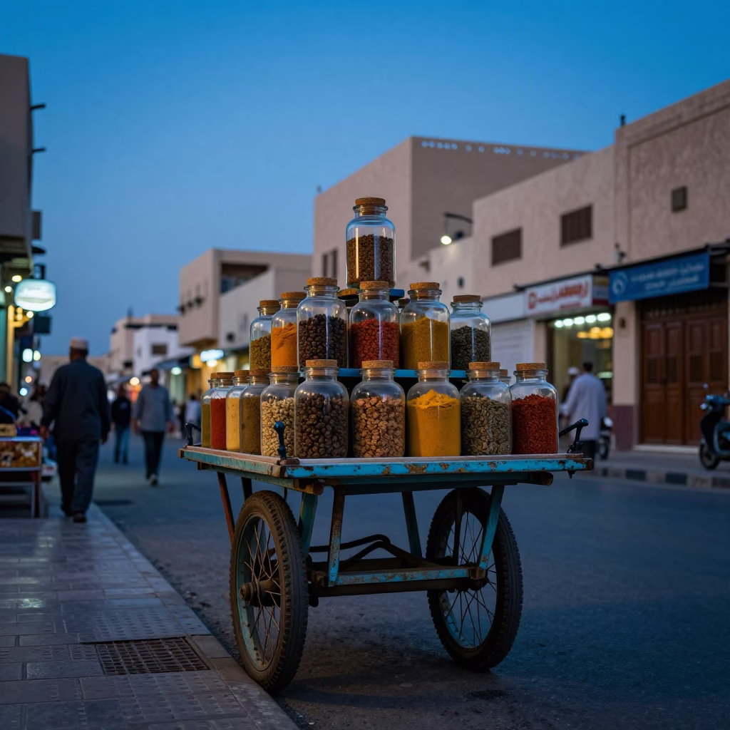 Blue Hour Street Scene in Muscat Oman with Rolling Carts and Spice Jars in in Muscat, Oman