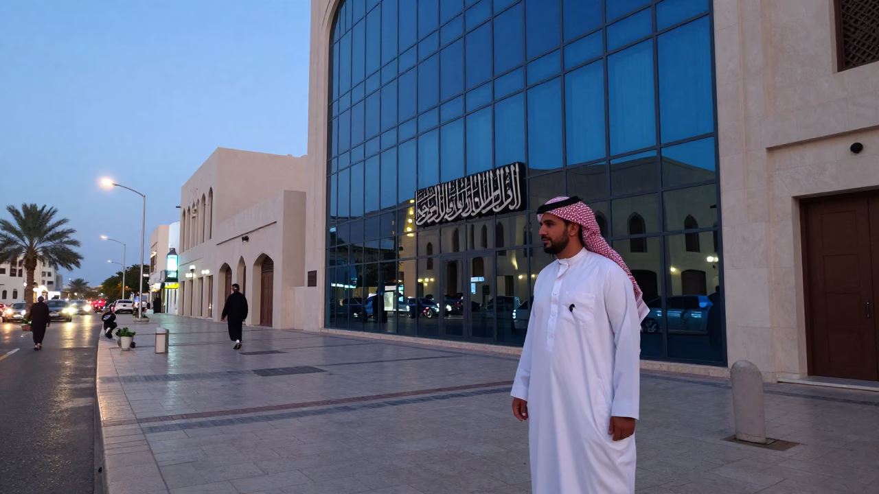 Blue Hour Street Scene in Muscat Oman with Traditional Tea and Modern Architecture in in Muscat, Oman
