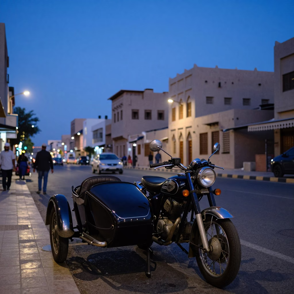 Blue Hour Street Scene in Muscat Oman with Vintage Motorcycle and Sidecar in in Muscat, Oman