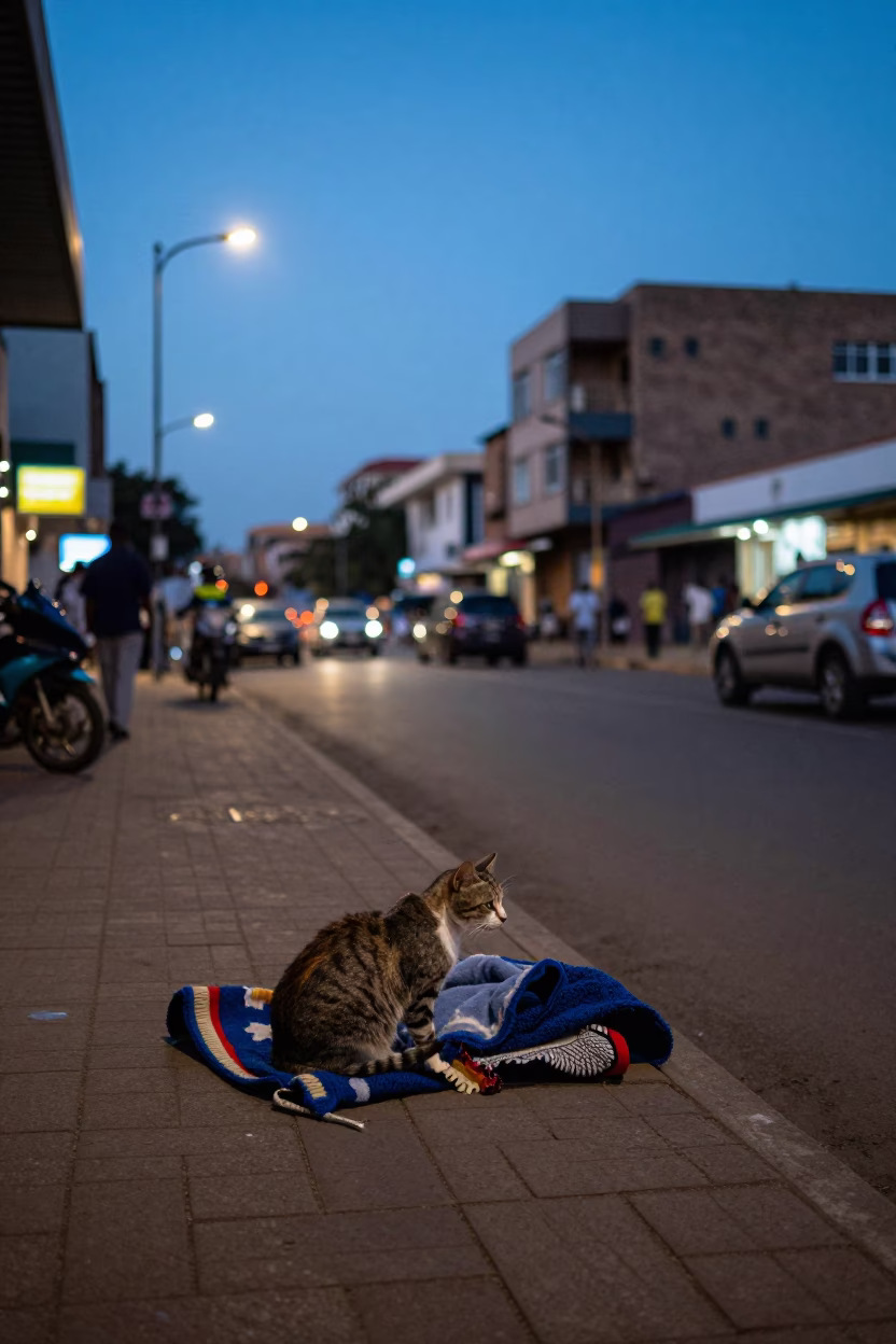 Blue Hour Street Scene in Nairobi Kenya with Cat and Blanket in in Nairobi, Kenya