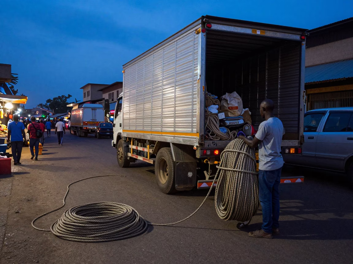 Blue Hour Street Scene in Nairobi Kenya with Coiled Rope and Semi Trailer in in Nairobi, Kenya