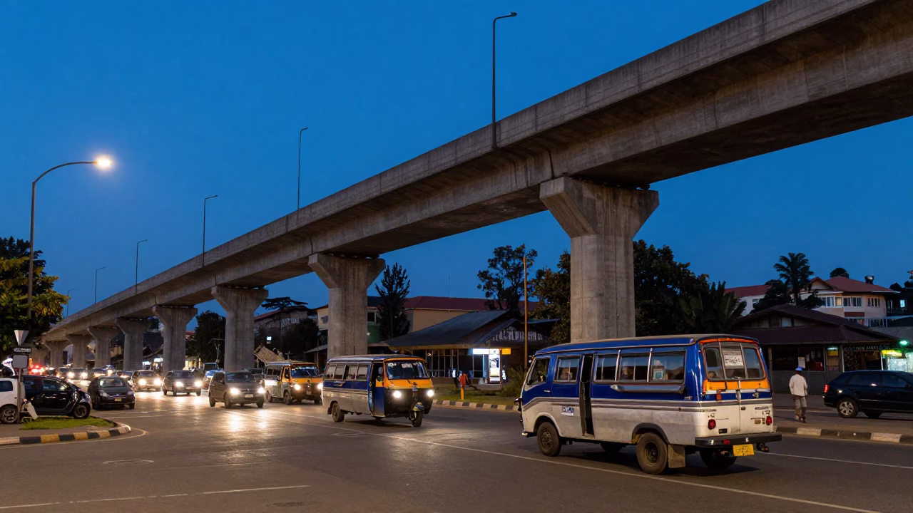 Blue Hour Street Scene in Nairobi Kenya with Concrete Viaduct and Evening Traffic in in Nairobi, Kenya