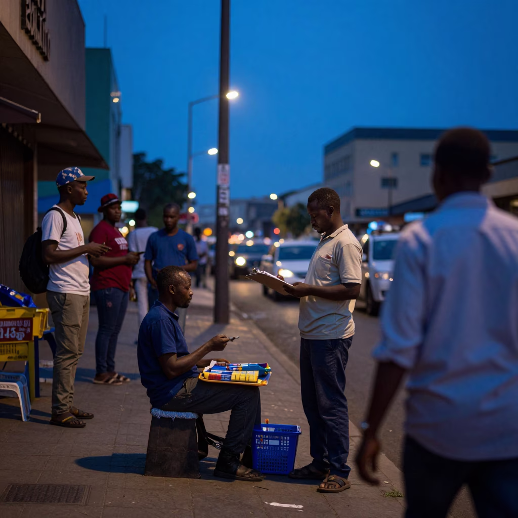 Blue Hour Street Scene in Nairobi Kenya with Local Vendor and Cooler in in Nairobi, Kenya