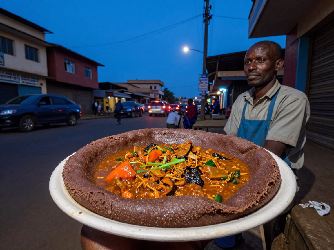 Blue Hour Street Scene in Nairobi Kenya with Local Vendor and Injera Plate in in Nairobi, Kenya