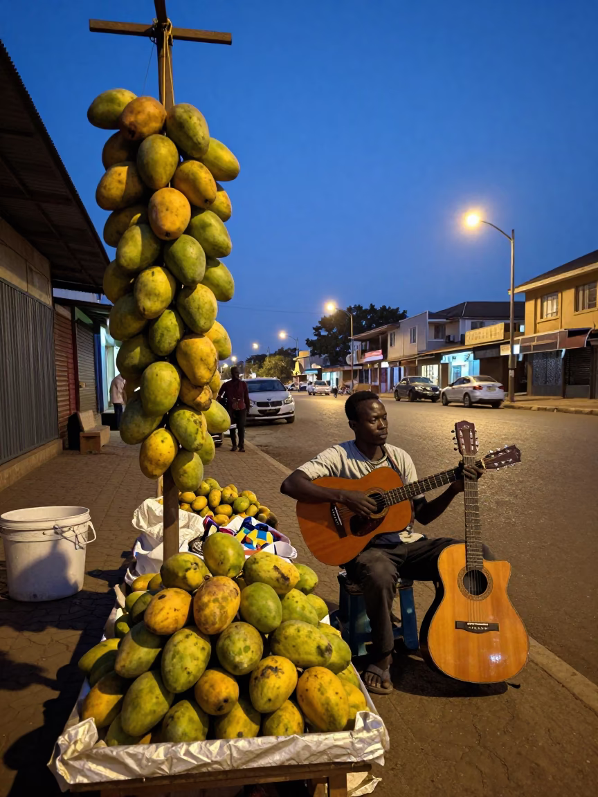 Blue Hour Street Scene in Nairobi Kenya with Mangoes and Guitar in in Nairobi, Kenya