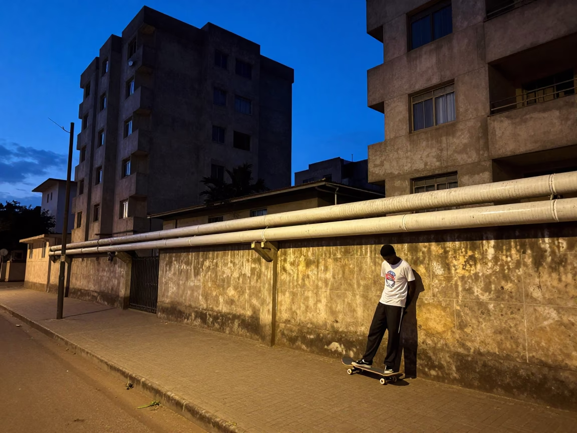 Blue Hour Street Scene in Nairobi Kenya with Skateboarder and Concrete Apartment Blocks in in Nairobi, Kenya