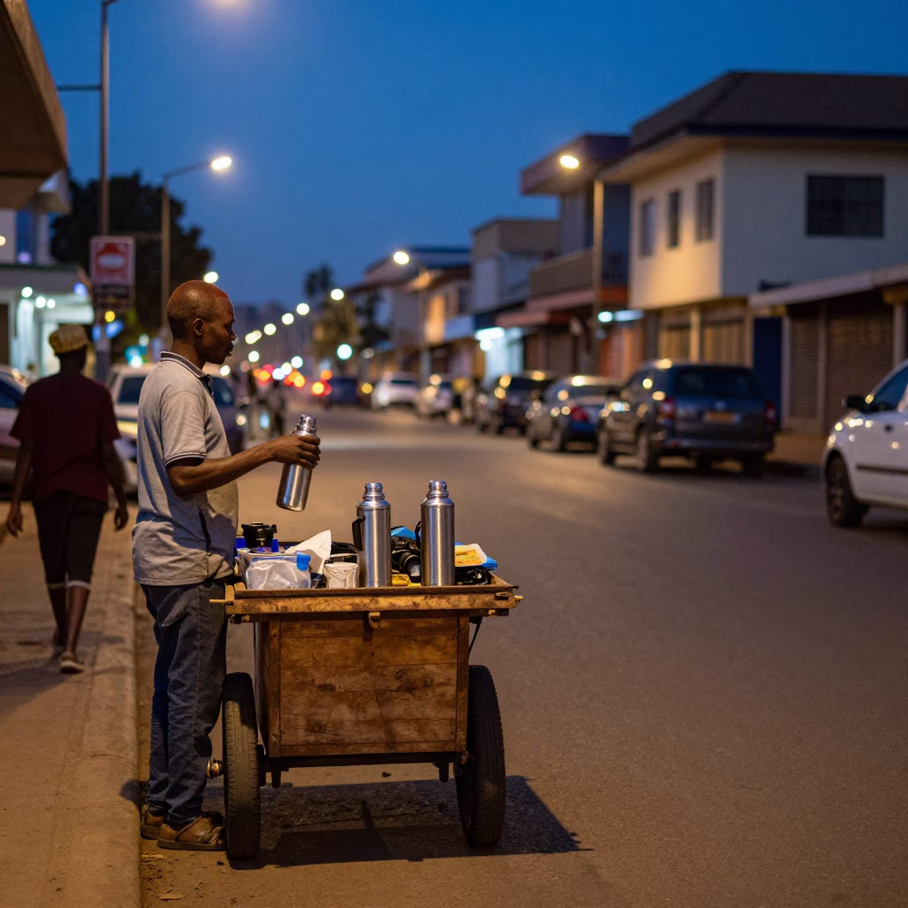 Blue Hour Street Scene in Nairobi Kenya with Thermos and Local Vendor in in Nairobi, Kenya