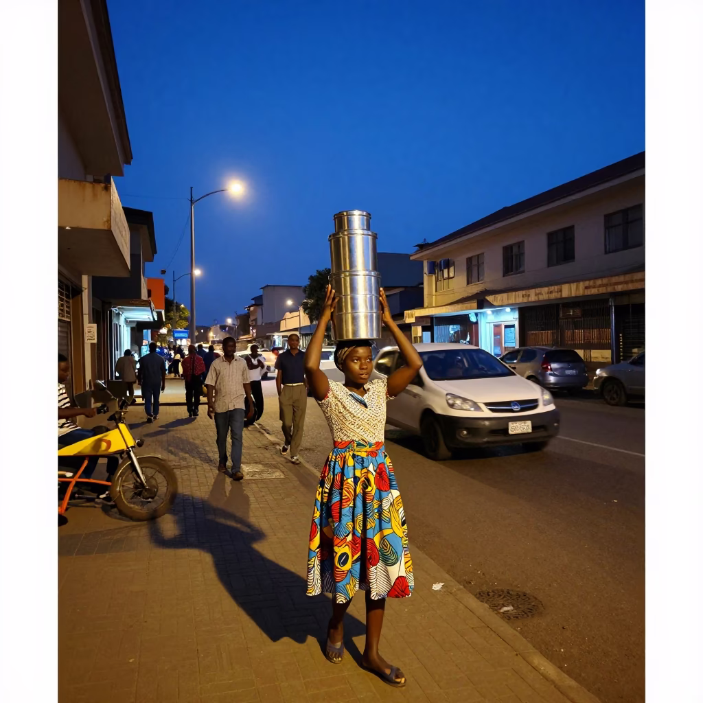 Blue Hour Street Scene in Nairobi Kenya with Tiffin Tin and Brushed Steel in in Nairobi, Kenya