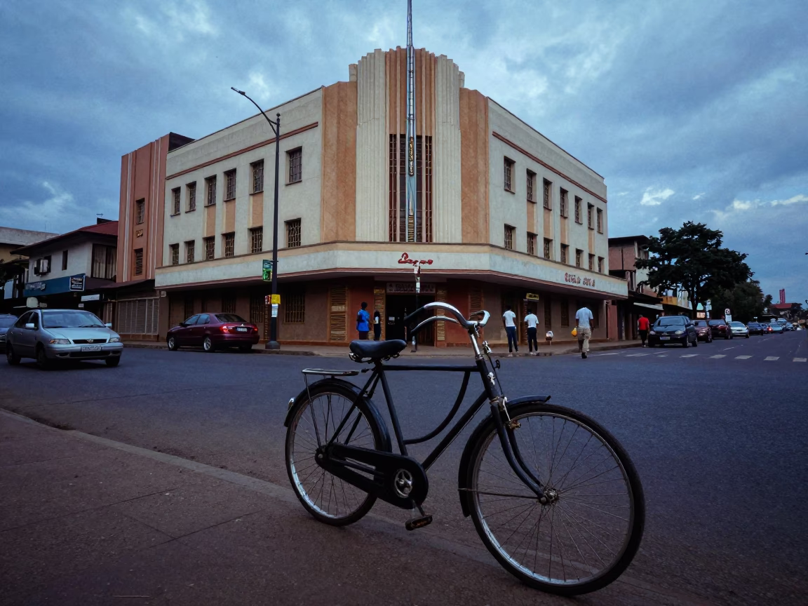 Blue Hour Street Scene in Nairobi Kenya with Vintage Bicycle and Art Deco Facade in in Nairobi, Kenya