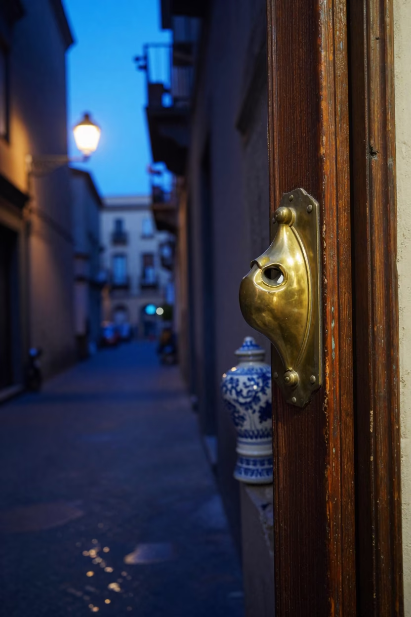 Blue Hour Street Scene in Naples Italy with Brass Fixtures and Porcelain in in Naples, Italy