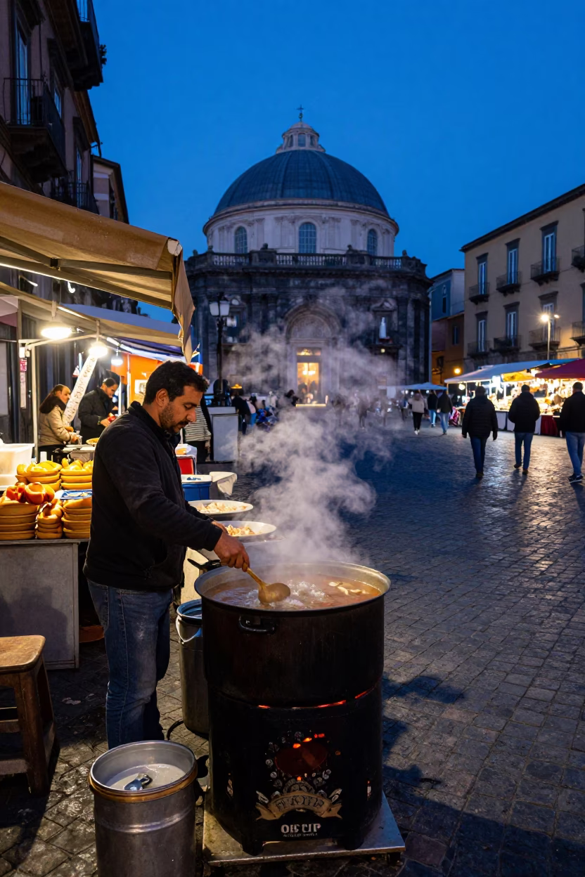 Blue Hour Street Scene in Naples Italy with Local Vendor and Soup in in Naples, Italy