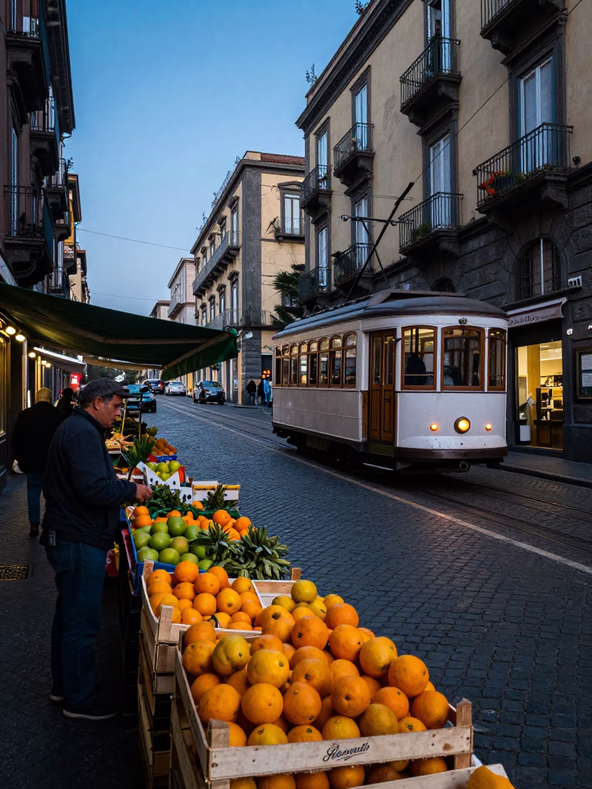 Blue Hour Street Scene in Naples Italy with Tram and Market Produce in in Naples, Italy