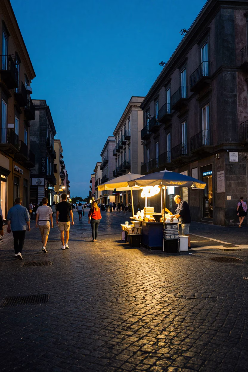 Blue Hour Street Scene in Naples Italy with Umbrella Vendor and Evening Pedestrians in in Naples, Italy