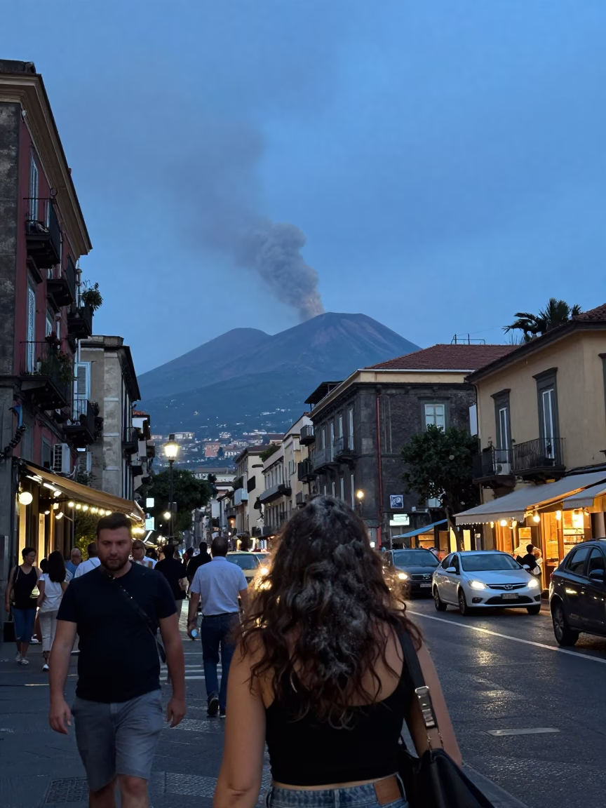 Blue Hour Street Scene in Naples Italy with Volcano Ash and Local Interaction in in Naples, Italy