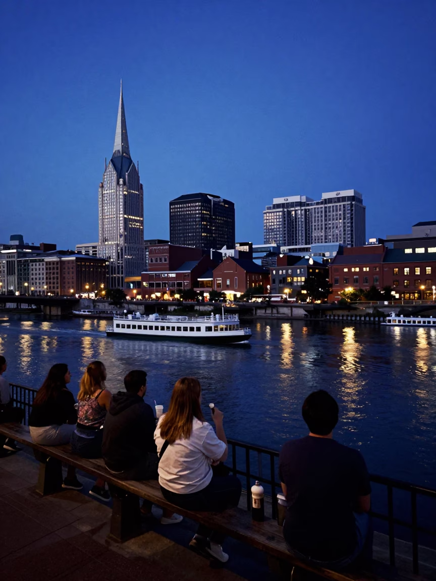 Blue Hour Street Scene in Nashville Tennessee with Water Taxi and Drinking Vessel in in Nashville, Tennessee, United States