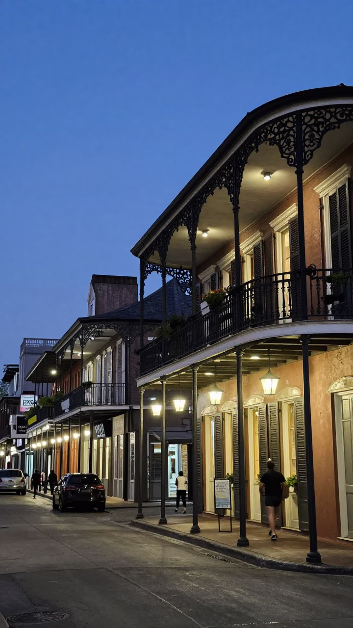Blue Hour Street Scene in New Orleans Louisiana with Iron Balconies and City Lights in in New Orleans, Louisiana, United States