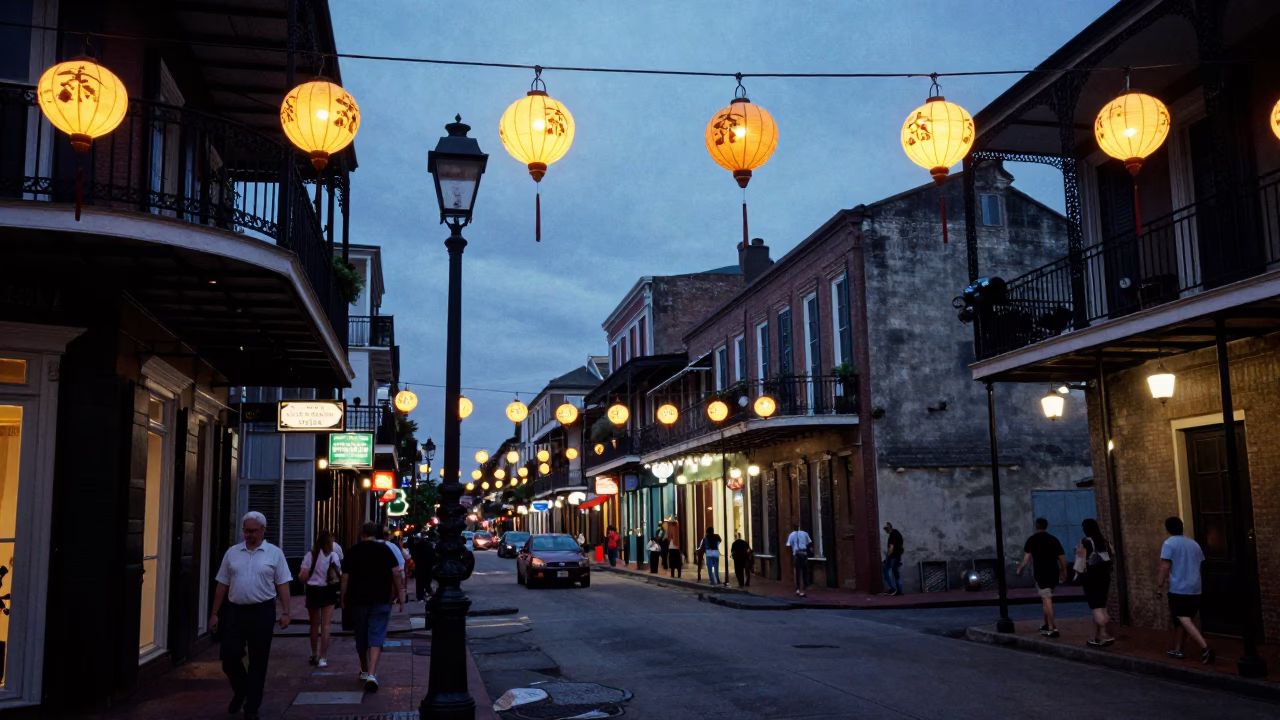 Blue Hour Street Scene in New Orleans Louisiana with Lanterns and Urban Life in in New Orleans, Louisiana, United States
