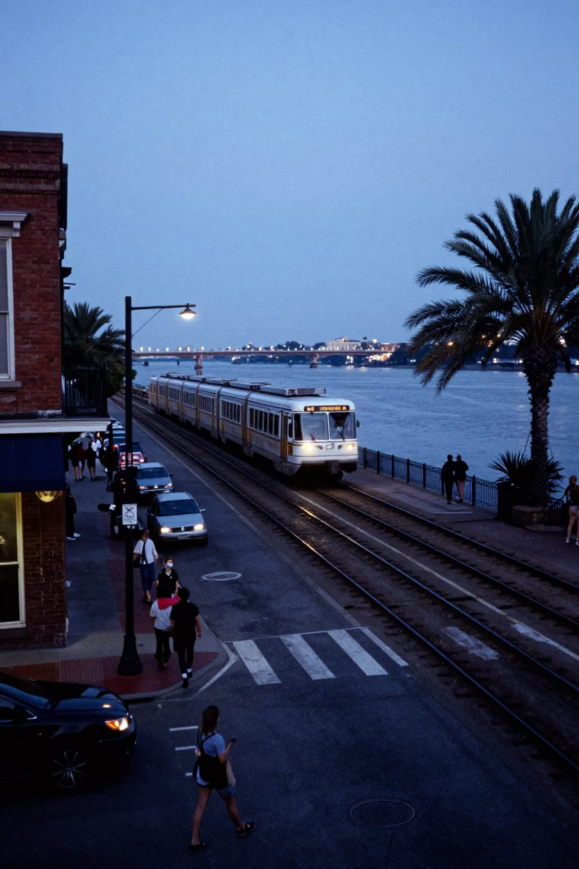Blue Hour Street Scene in New Orleans Louisiana with Monorail and River in in New Orleans, Louisiana, United States