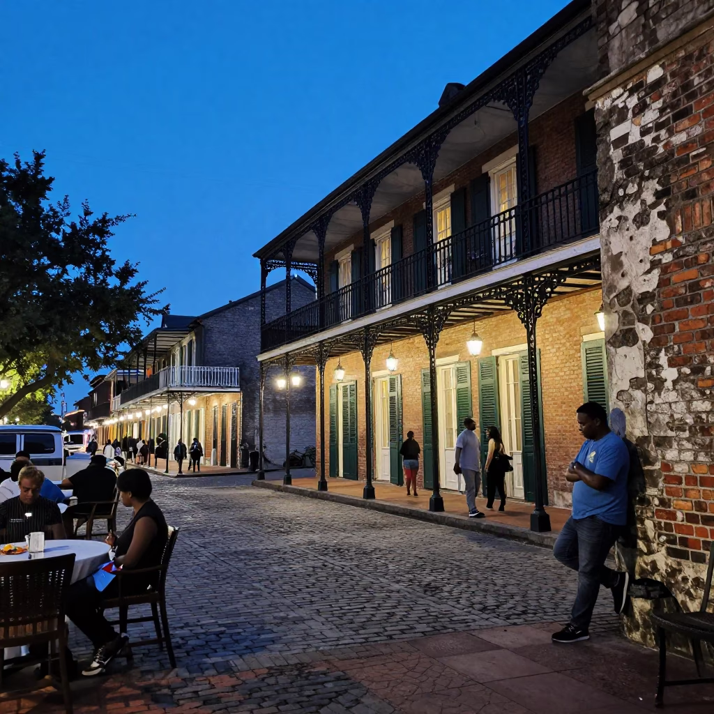 Blue Hour Street Scene in New Orleans with Iron Balconies and Local Interaction in in New Orleans, Louisiana, United States