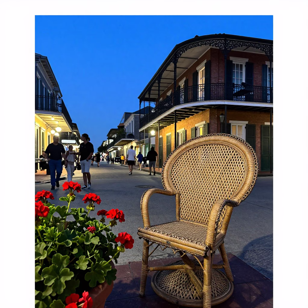 Blue Hour Street Scene in New Orleans with Rattan Chair and Geraniums in in New Orleans, Louisiana, United States
