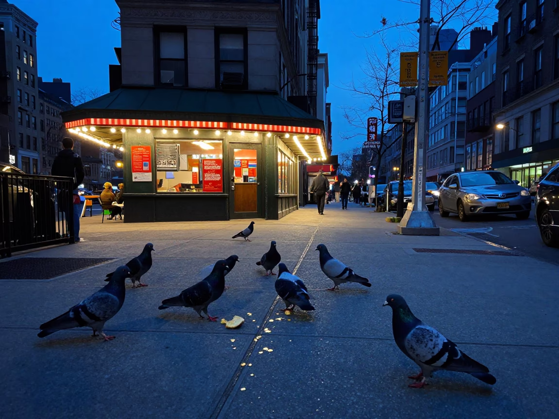 Blue Hour Street Scene in New York City with Pigeons on Sidewalk in in New York, New York, United States