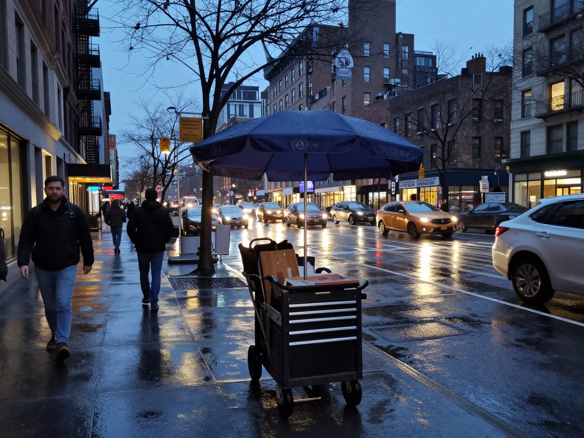 Blue Hour Street Scene in New York City with Umbrella Stand and Urban Details in in New York, New York, United States