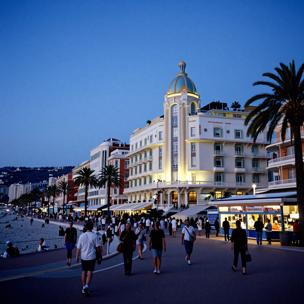 Blue Hour Street Scene in Nice France with Art Deco Hotel and Coastal Breakwater in in Nice, France