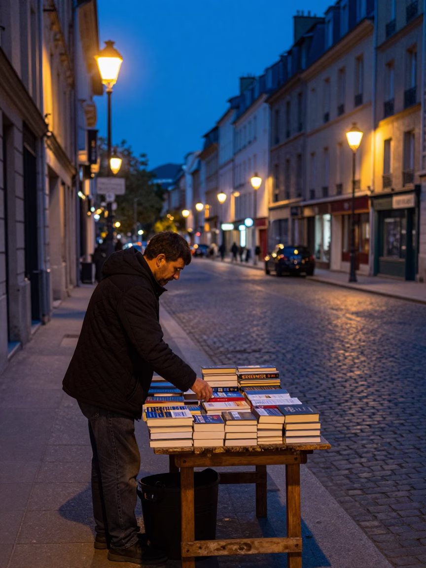 Blue Hour Street Scene in Nice France with Books and Urban Lights in in Nice, France